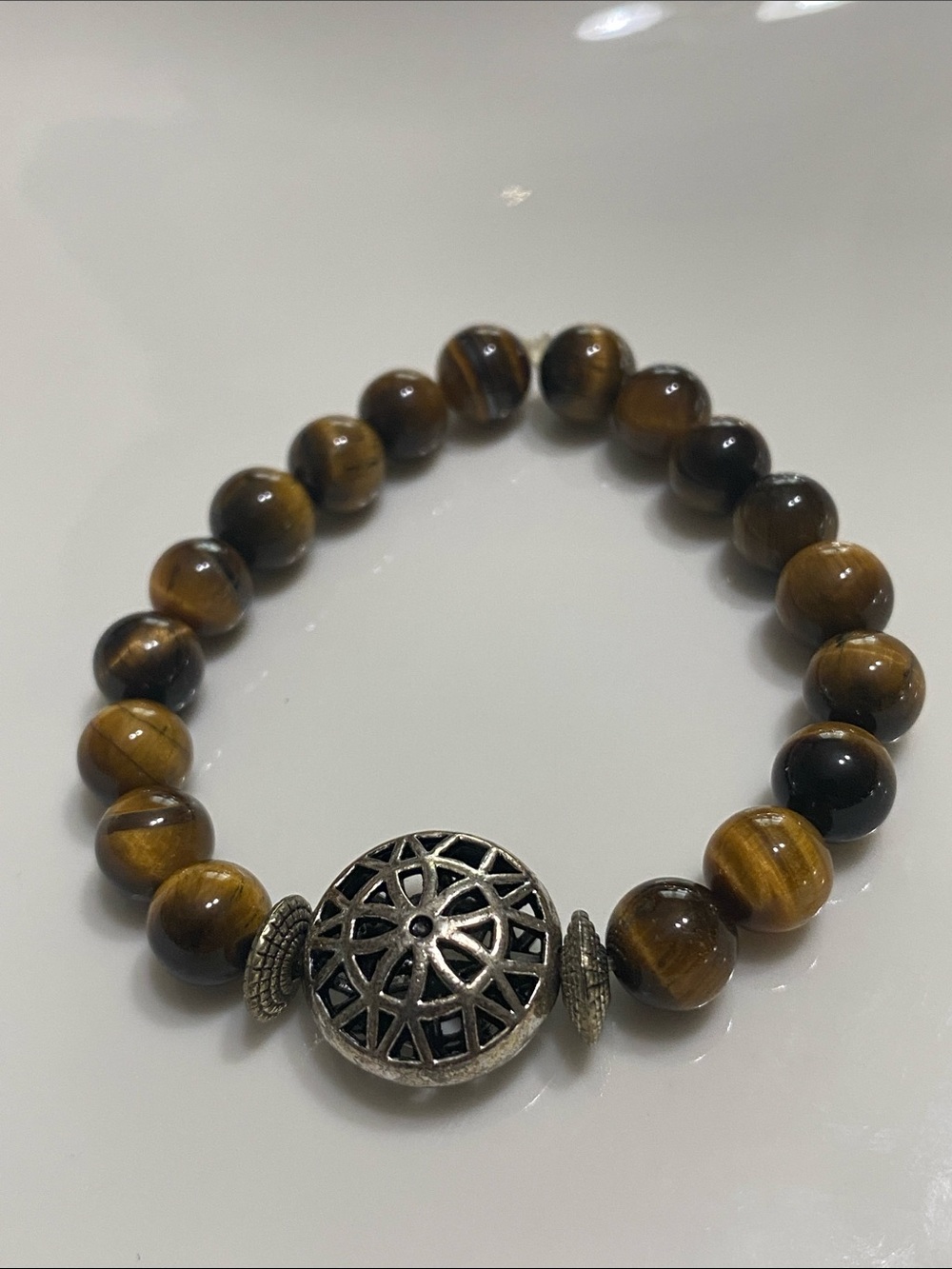Beaded Tiger Eye Stretchy Bracelet with Silver Filigree Accent